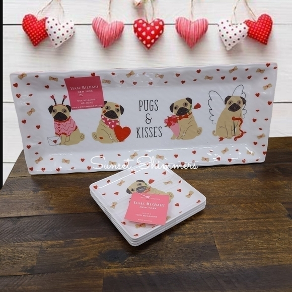 Isaac MIZRAHI Dog PUGS & KISSES 19" MELAMINE SERVING TRAY & PLATE SET New - Picture 10 of 12